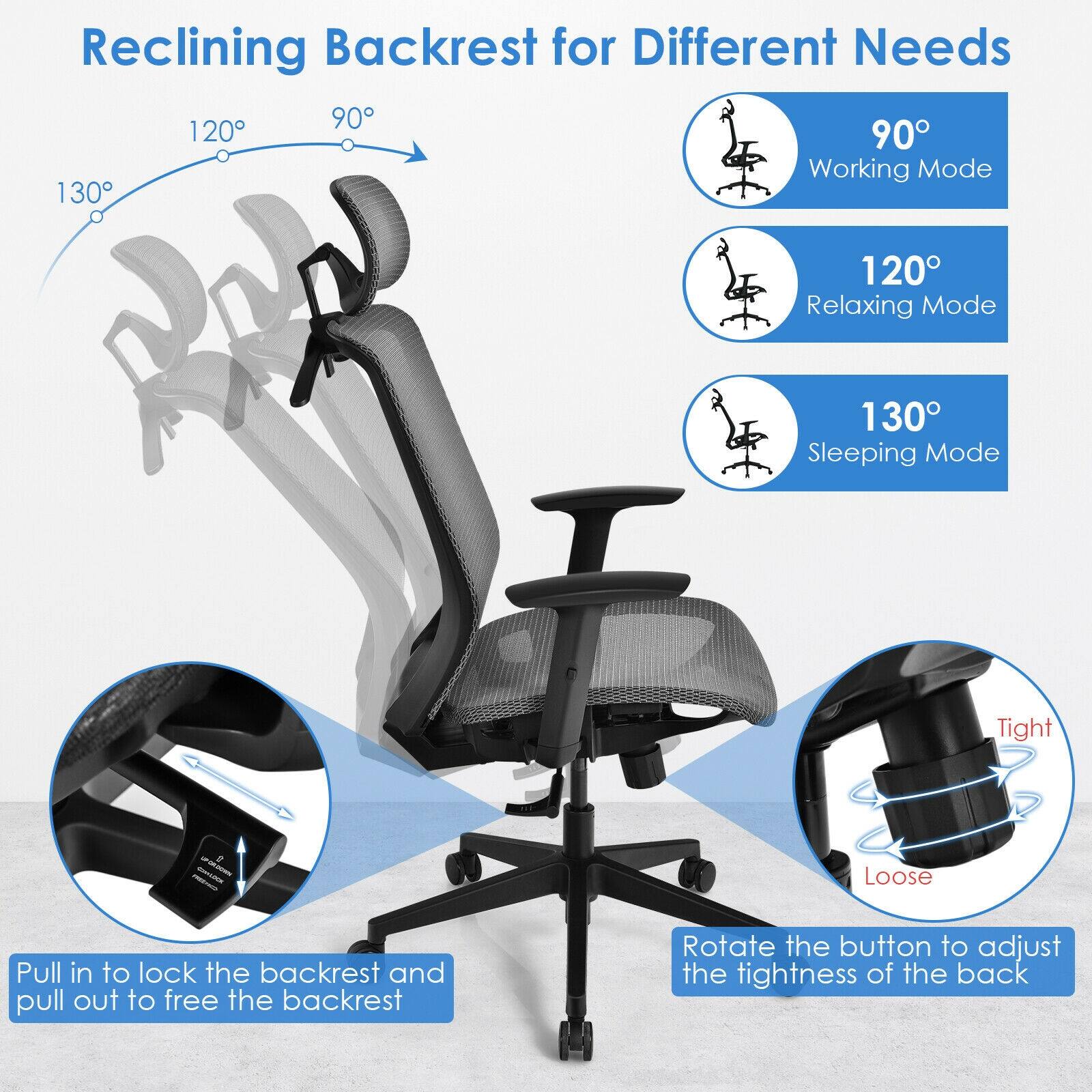 Reclining Backrest for Different Needs:

1. 90° Working Mode:
2. 120° Relaxing Mode:
3. 130° Sleeping Mode:
4. Tight:
5. Loose:
6. Pull in to lock the backrest and pull out to free the backrest.
7. Rotate the button to adjust the tightness of the back.