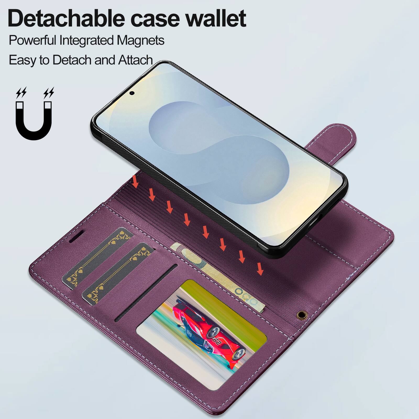 Detachable case wallet  
Powerful Integrated Magnets  
Easy to Detach and Attach