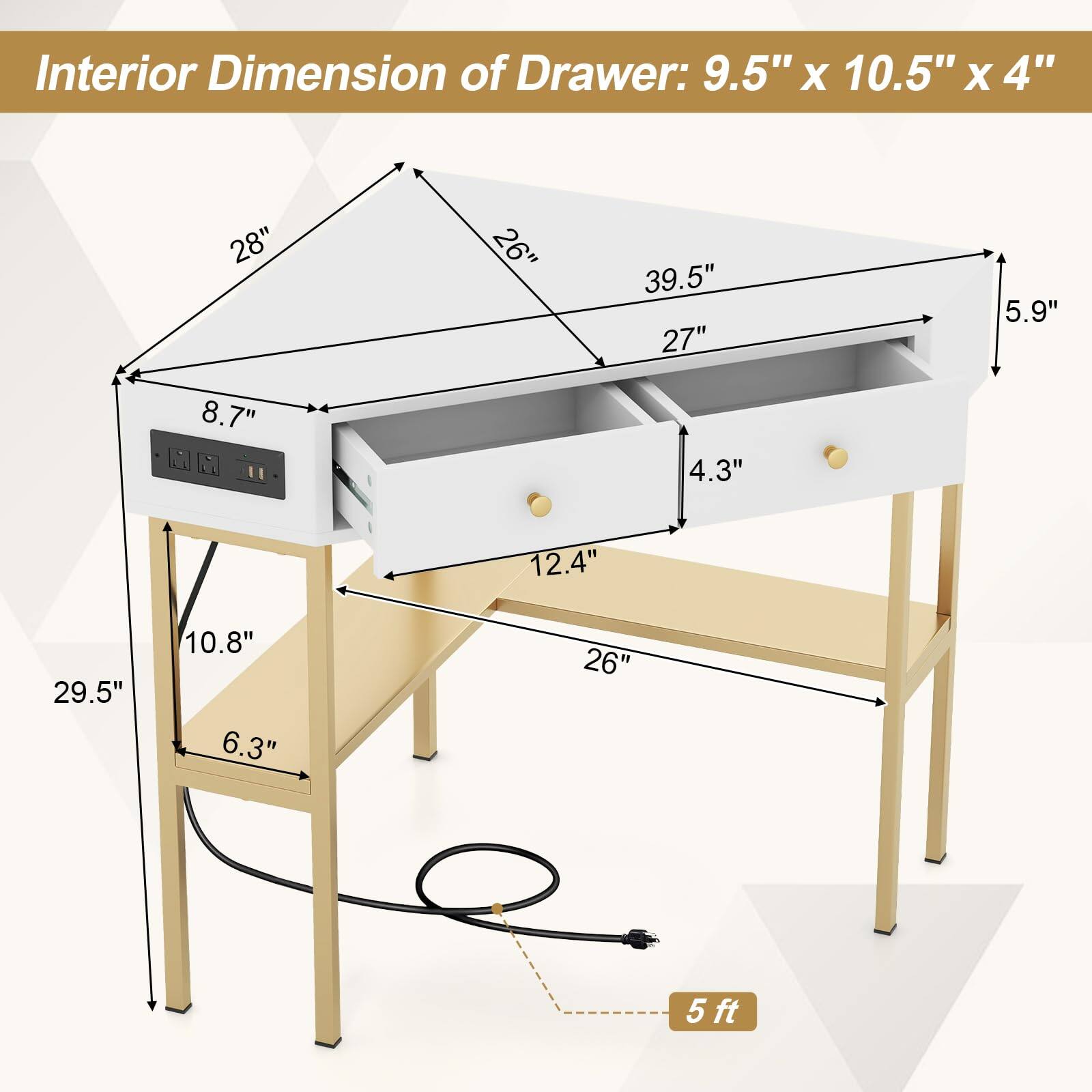 Interior Dimension of Drawer: 9.5" x 10.5" x 4"

28", 26", 39.5", 27", 5.9", 8.7", 4.3", 12.4", 29.5", 10.8", 6.3", 26", 5ft