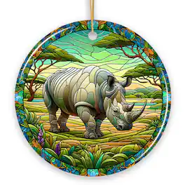 OrnamentallyYou - Rhinoceros Realm Expedition Stained Glass Style Ceramic Ornament African Animals Christmas Gift - Multi-colored