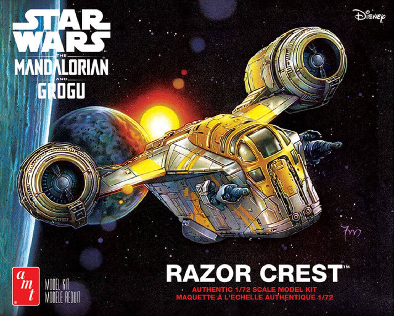 STAR WARS THE MANDALORIAN AND GROGU  
Disney  
a'm t  
MODEL KIT  
MODELE REDUIT  
TM  
RAZOR CREST  
AUTHENTIC 1/72 SCALE MODEL KIT  
MAQUETTE A L'ECHELLE AUTHENTIQUE 1/72