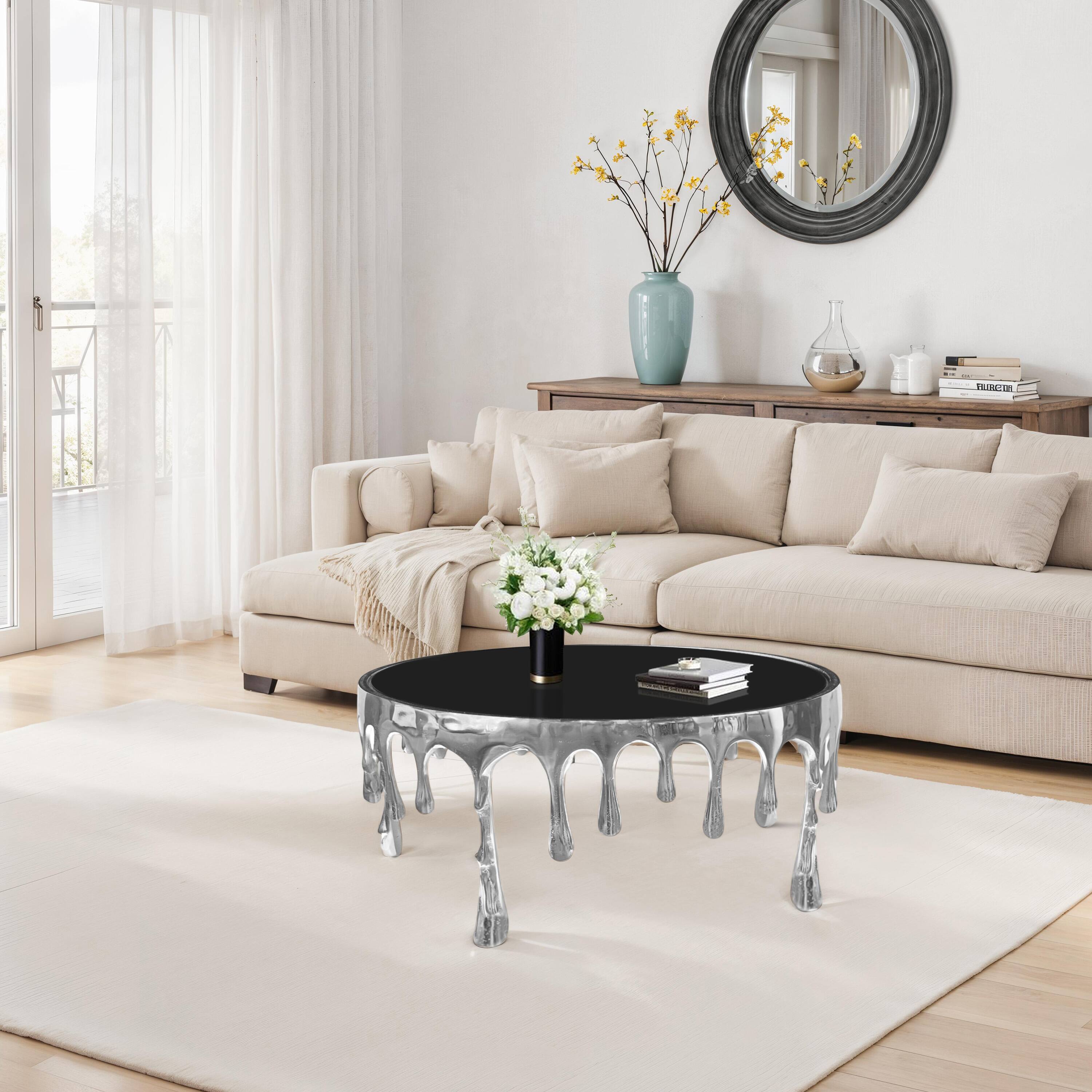 Alt View 10. Manhattan Lane - Capri Coffee Table | 36 Inch Round Glass Top | Melting Drip Design - Silver, Black.