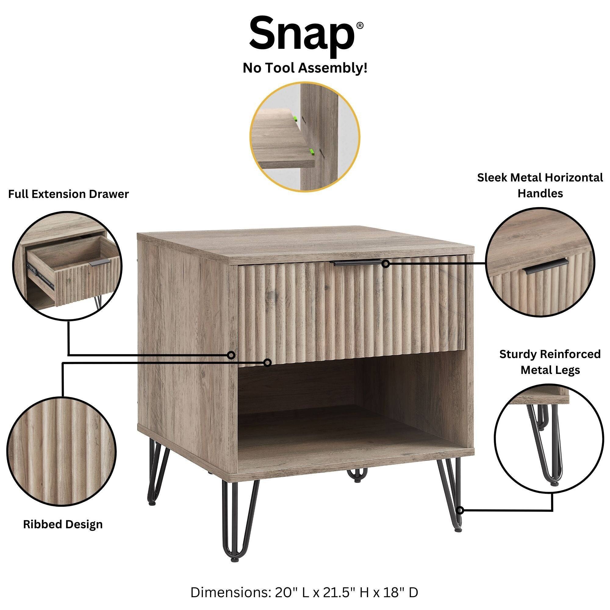 Snap®  
No Tool Assembly!  
Full Extension Drawer  
Sleek Metal Horizontal Handles  
Sturdy Reinforced Metal Legs  
Ribbed Design  
Dimensions: 20" L x 21.5" H x 18" D