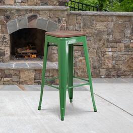 Emma + Oliver - 30"H Backless Metal Barstool with Wood Seat - Green