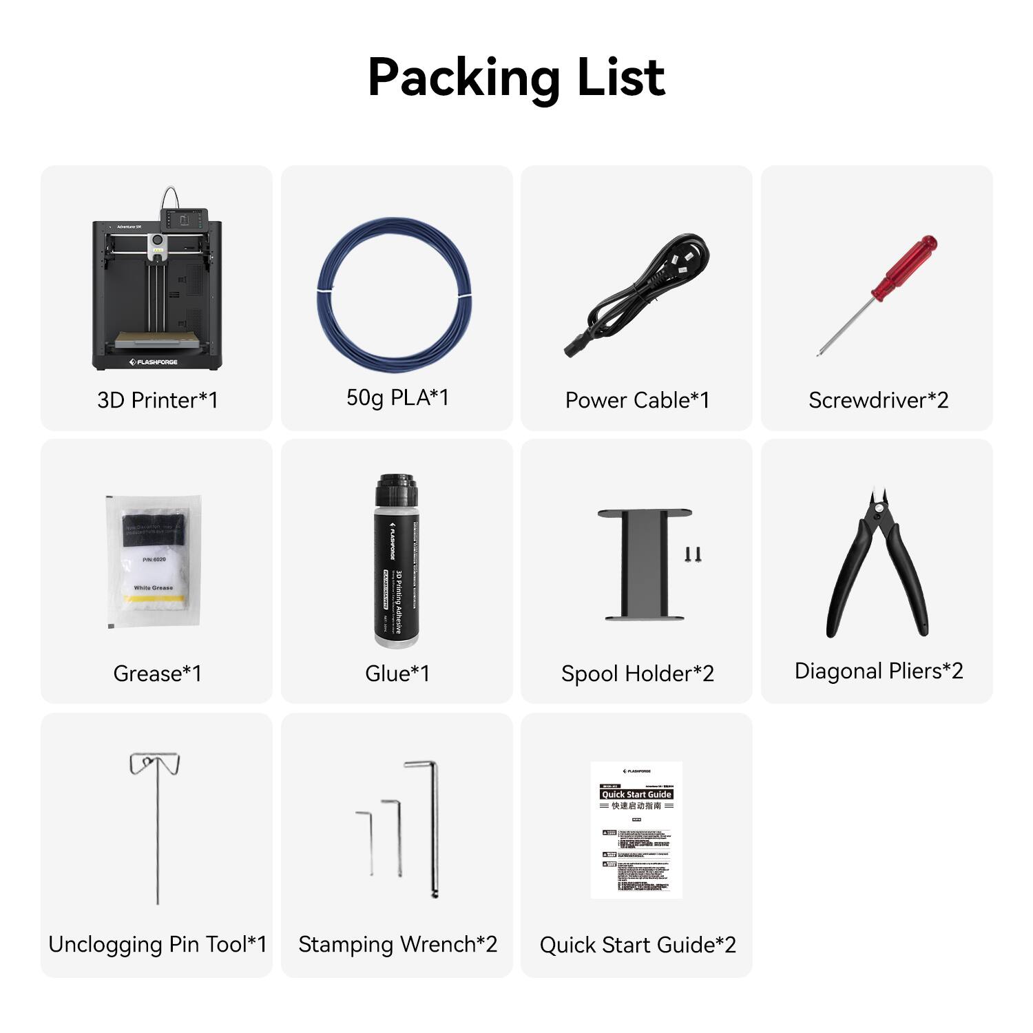 Packing List

- 3D Printer*1
- 50g PLA*1
- Power Cable*1
- Screwdriver*2
- Grease*1
- Glue*1
- Spool Holder*2
- Diagonal Pliers*2
- Unclogging Pin Tool*1
- Stamping Wrench*2
- Quick Start Guide*2