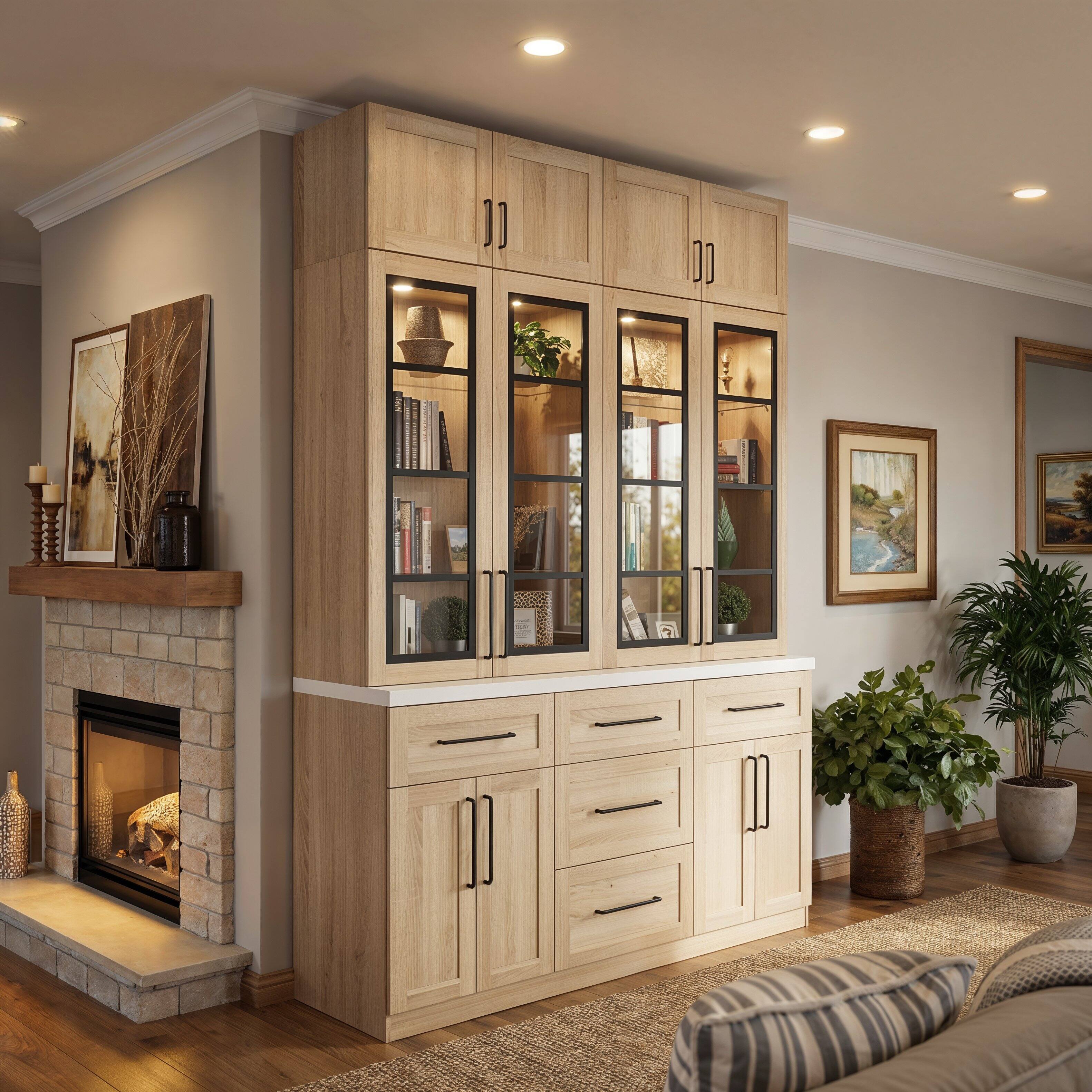 Left. FUFU & GAGA - Light Wood Display Cabinet with LED & Black Frame – High-End Storage for Living Room, Dining Room & Home Office - Wooden.