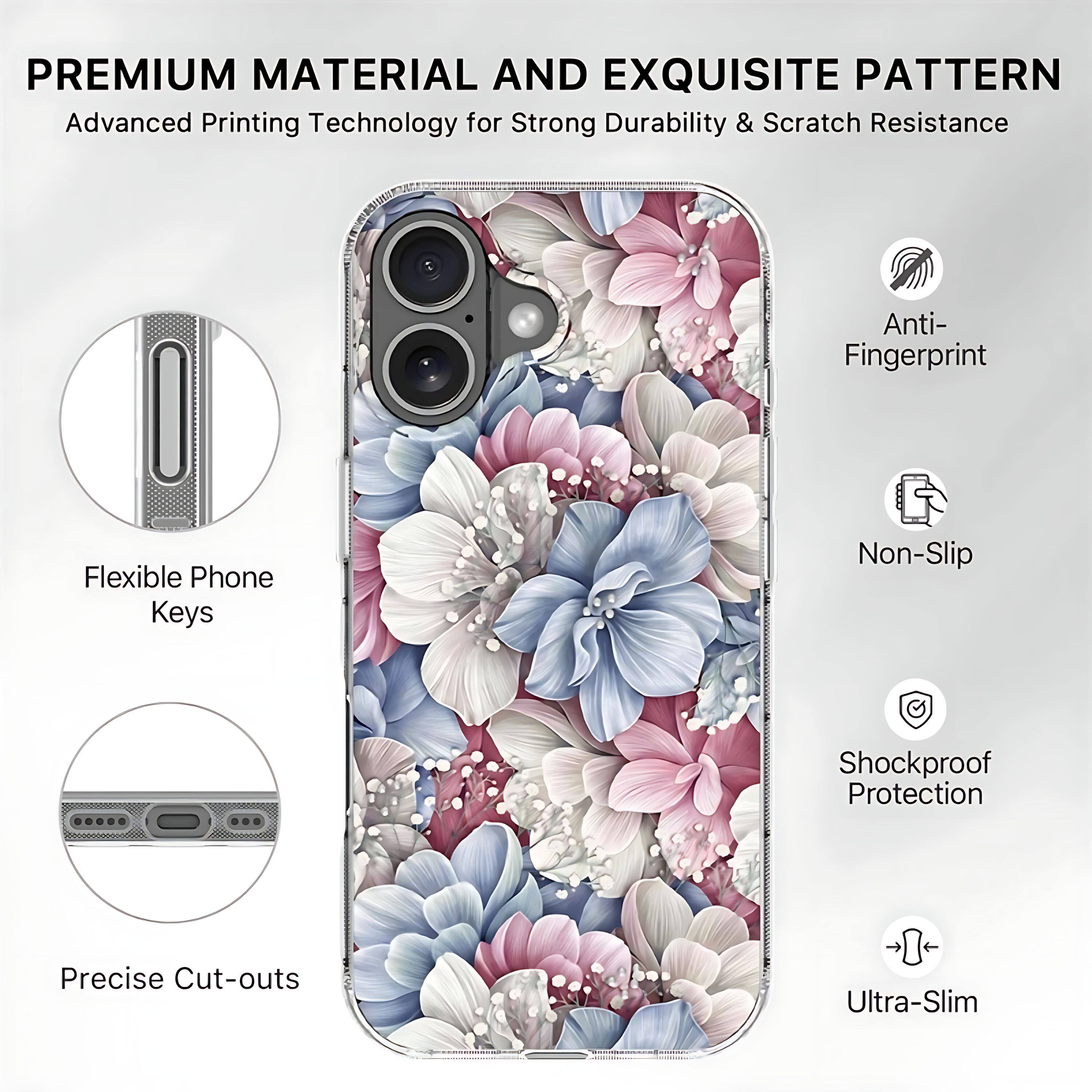 PREMIUM MATERIAL AND EXQUISITE PATTERN  
Advanced Printing Technology for Strong Durability & Scratch Resistance  

- Flexible Phone Keys  
- Precise Cut-outs  
- Anti-Fingerprint  
- Non-Slip  
- Shockproof Protection  
- Ultra-Slim