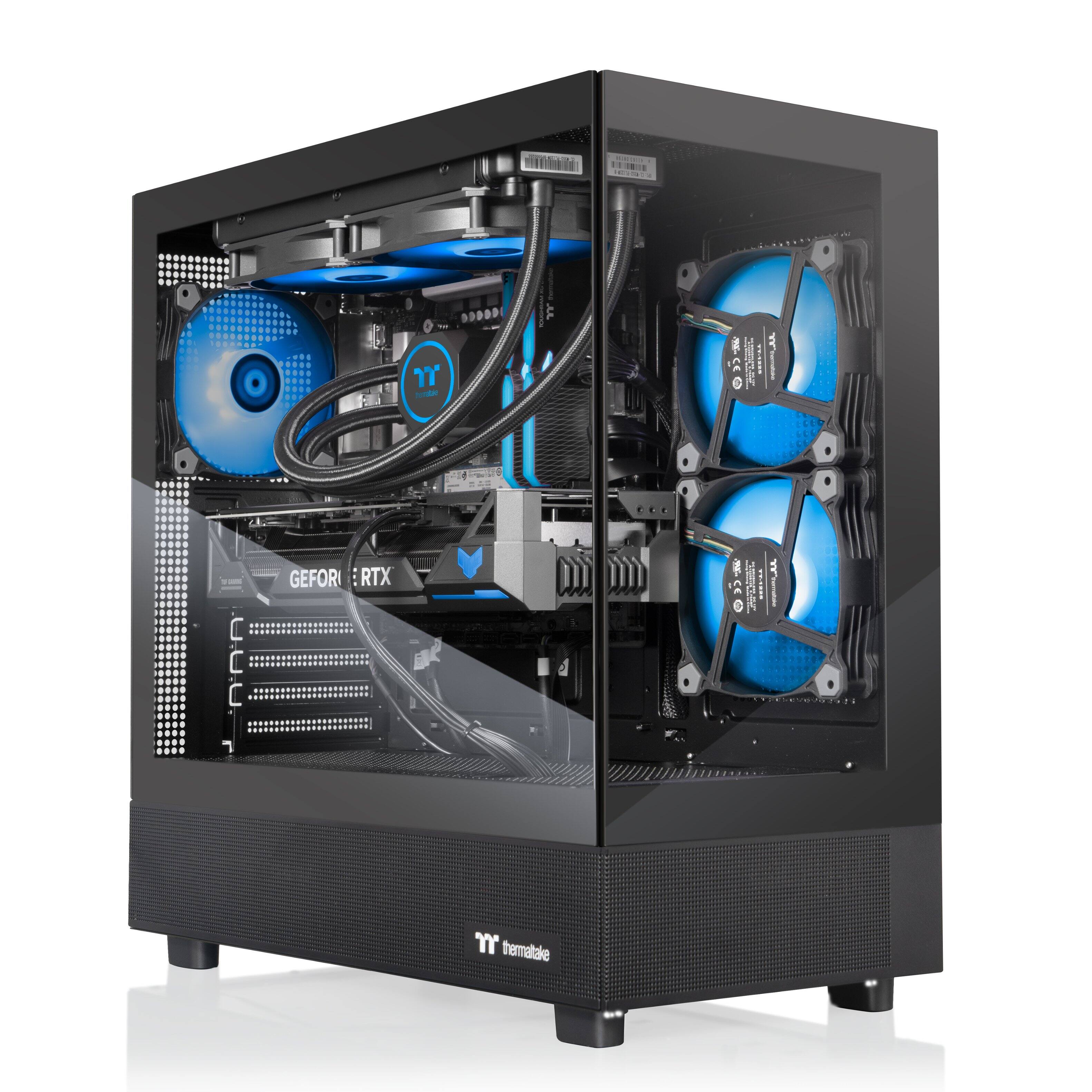 The image features a black computer case with a clear window, showcasing the internal components of the computer. The case is equipped with a GeForce RTX graphics card, which is a powerful gaming card. The case also has two blue fans, which help to keep the system cool. The image provides a close-up view of the computer's internal components, allowing for a detailed look at the hardware.