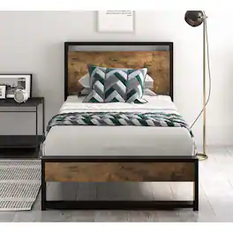 Hivvago - Twin size Metal Wood Platform Bed Frame with Industrial Headboard - Black