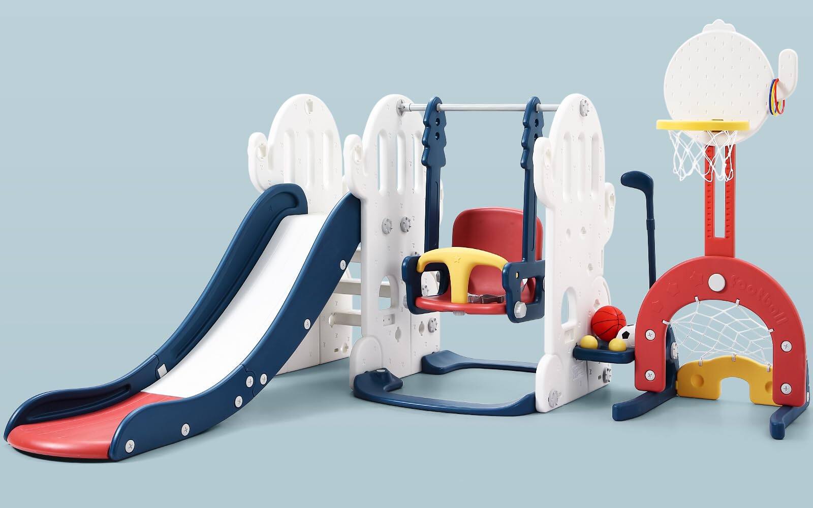GARVEE - 7-in-1 Toddler Slide & Swing Set with Adjustable Swing, Climber, Hoop, Soccer, Golf & Ring Toss for Indoor/Outdoor Play - Blue price history on PriceWatchPro
