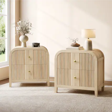 Front. ModernMate - Nightstand with 2 Drawers Fluted Modern Wood 24" Nightstand End Table for Bedroom Living Room - Natural Oak.