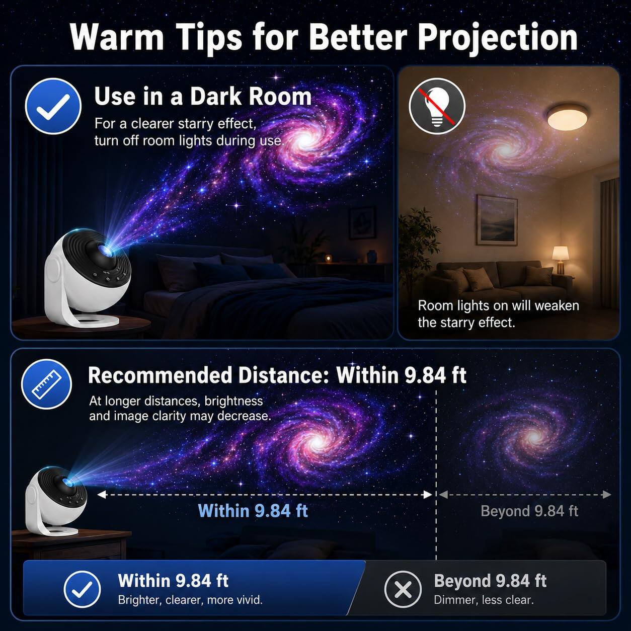 Warm Tips for Better Projection

Use in a Dark Room
For a clearer starry effect, turn off room lights during use
Room lights on will weaken the starry effect.

Recommended Distance: Within 9.84 ft
At longer distances, brightness and image clarity may decrease.

Within 9.84 ft
Brighter, clearer, more vivid.

Beyond 9.84 ft
Dimmer, less clear.