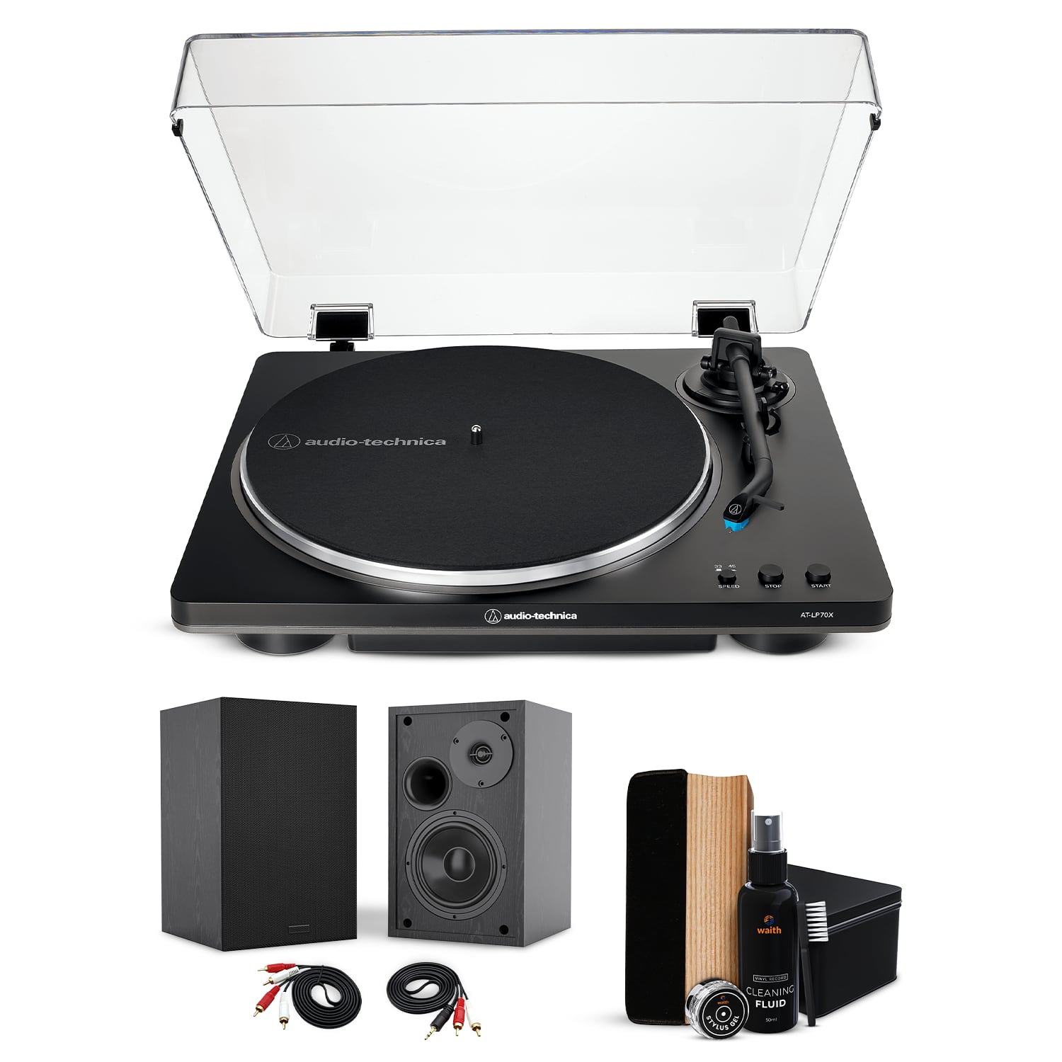 Audio-Technica - Audio Technica AT-LP70X-BG Turntable, 2 Bookshelf Speakers Cleaner Kit, Bundle - Black