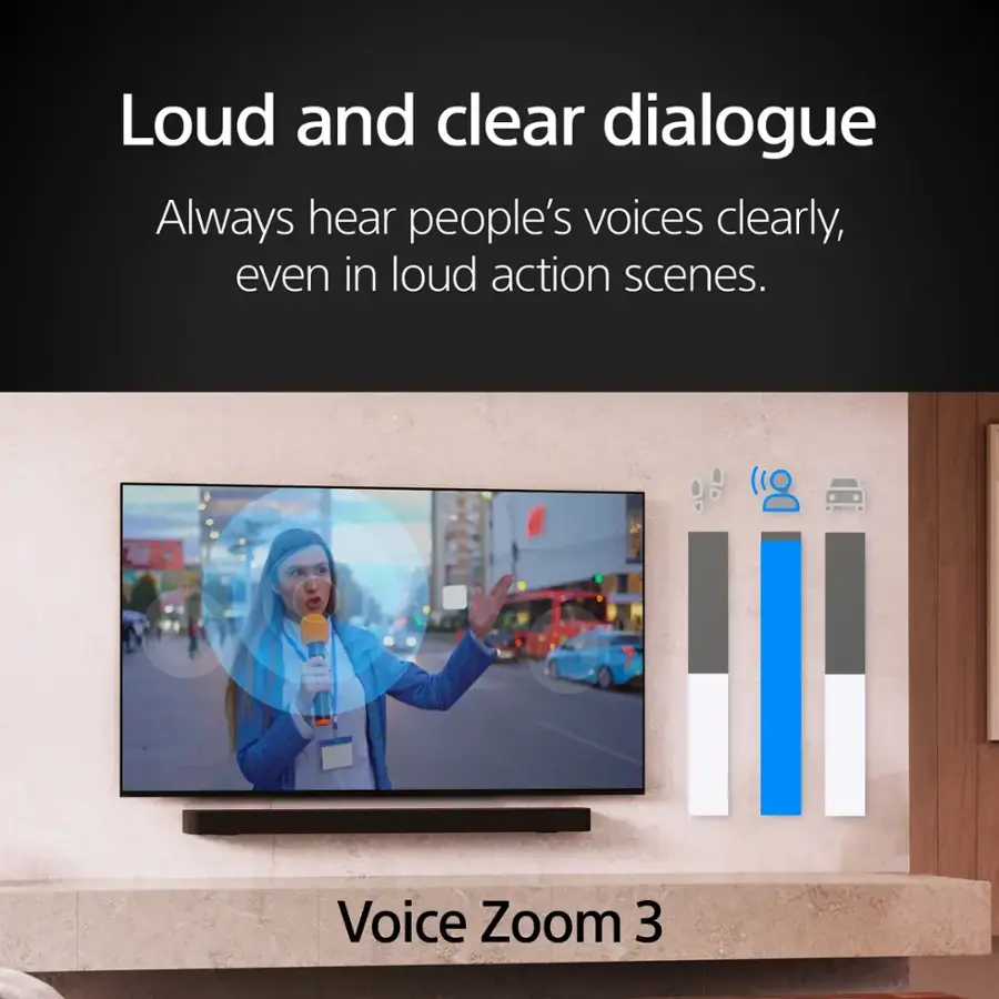 Loud and clear dialogue: Always hear people's voices clearly, even in loud action scenes. Voice Zoom 3.