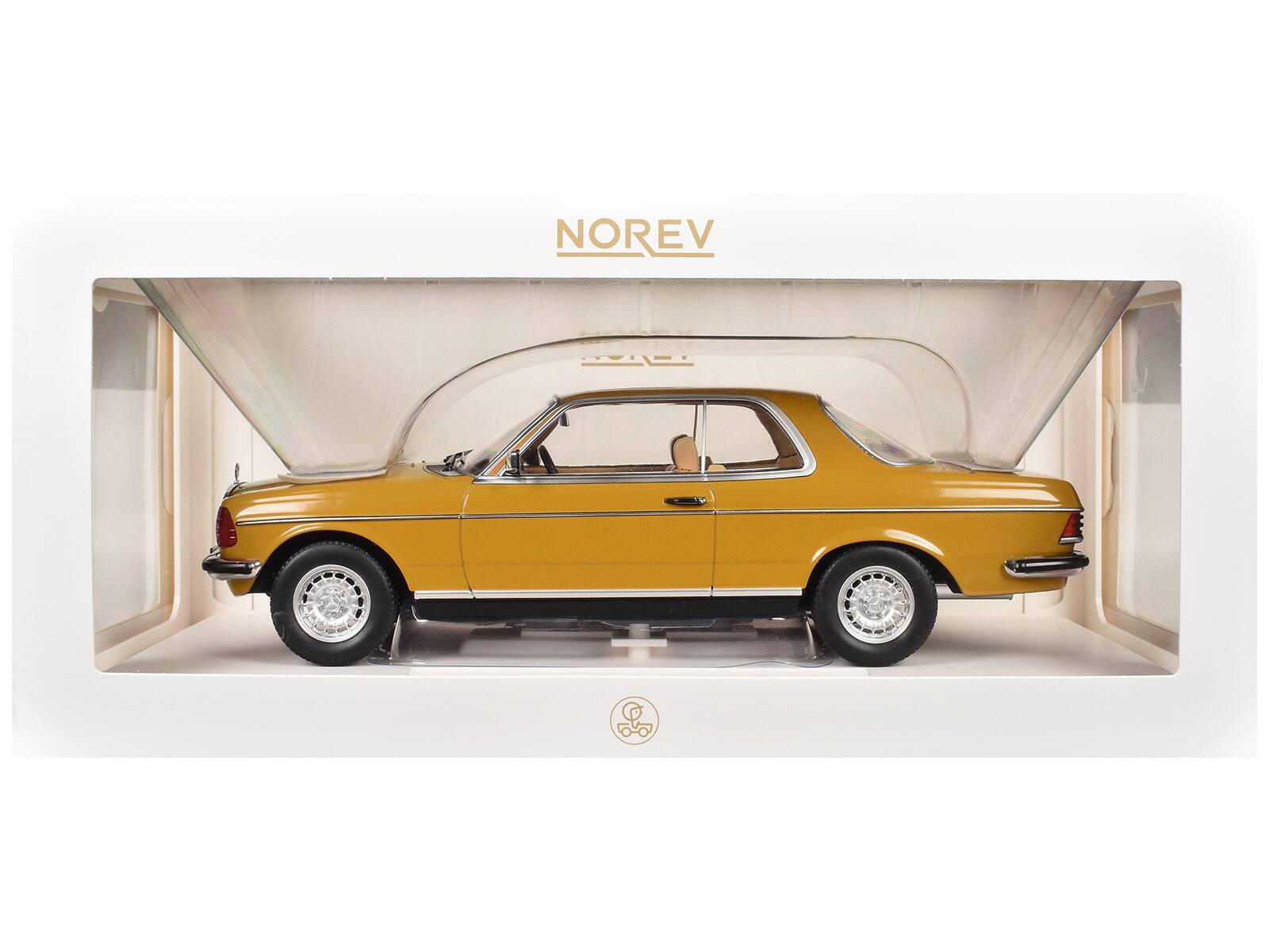 Left. Norev - 1980 Mercedes-Benz 280 CE Sahara Yellow 1/18 Diecast Model Car by Norev - Yellow.
