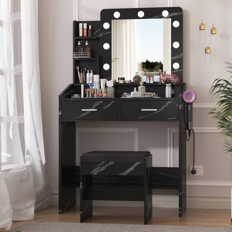 GARVEE - Vanity Desk with Mirror and Lights, Marble Finish Makeup Table, 2 Drawers, Dimmable LED, Stool Included - Marble Black