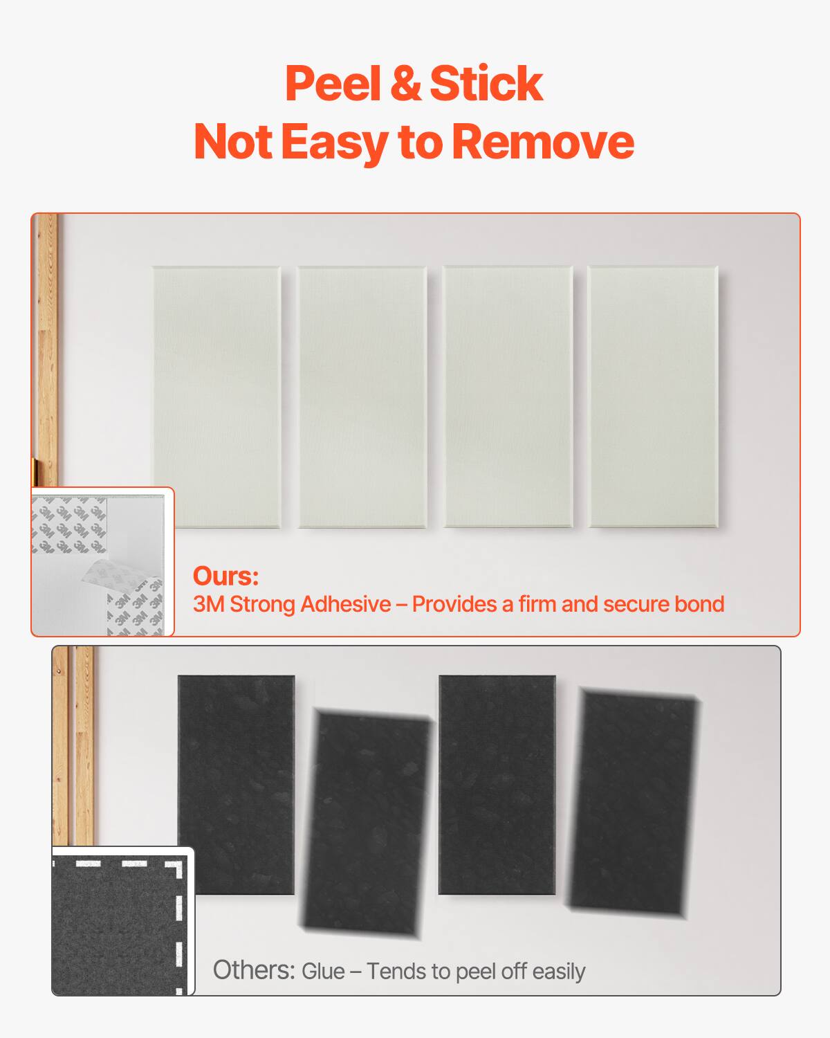 Peel & Stick  
Not Easy to Remove

Ours:  
3M Strong Adhesive - Provides a firm and secure bond

Others:  
Glue - Tends to peel off easily