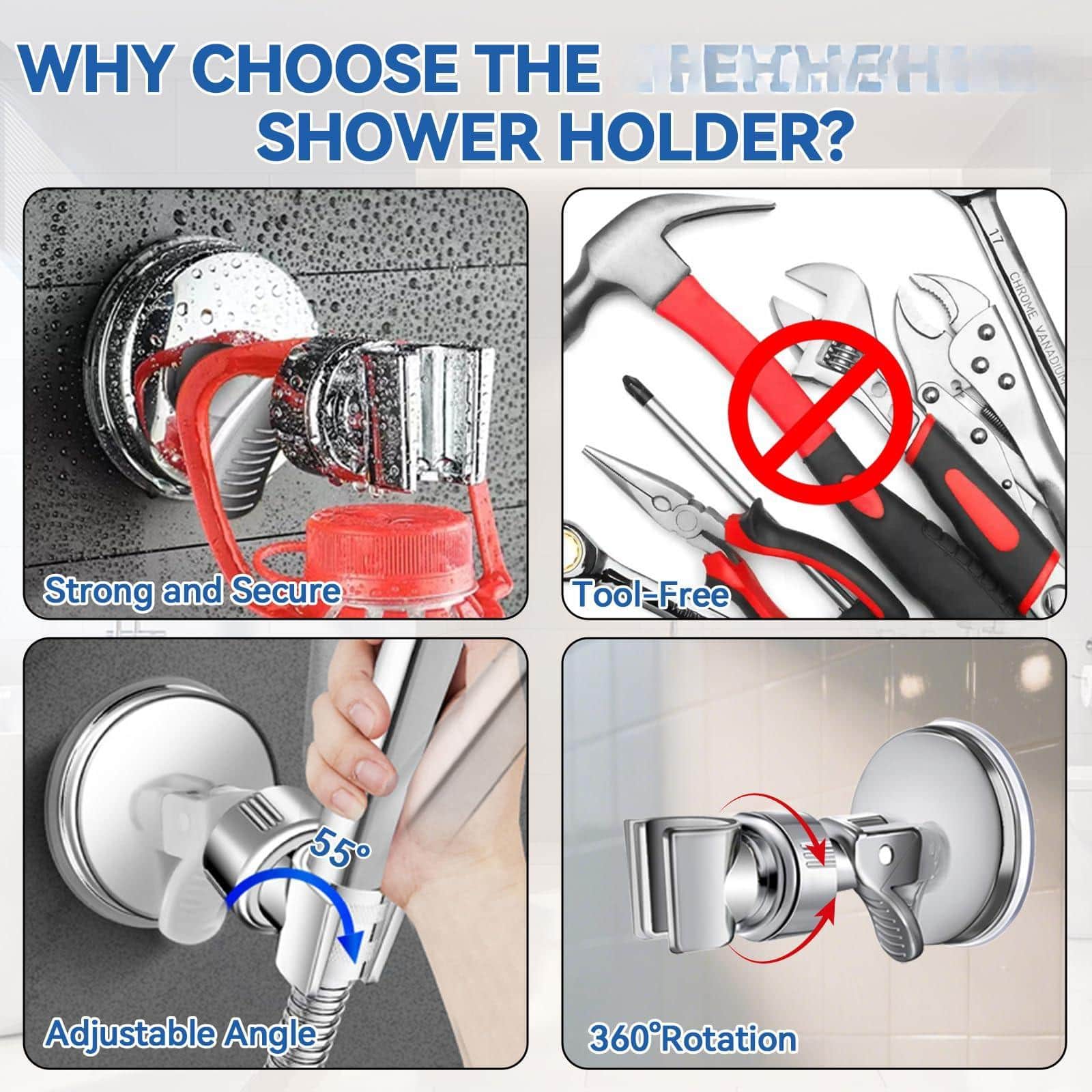 Paradigms Interiors - Adjustable Shower Head Holder Bathroom Suction Cup Handheld Bracket Removable Wall Mounted 1 - Silver-2