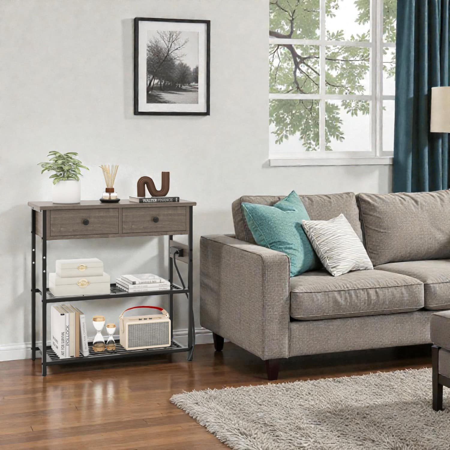 Hivvago - Space-Saving Console with Drawers and Industrial Metal Mesh Shelving - Gray