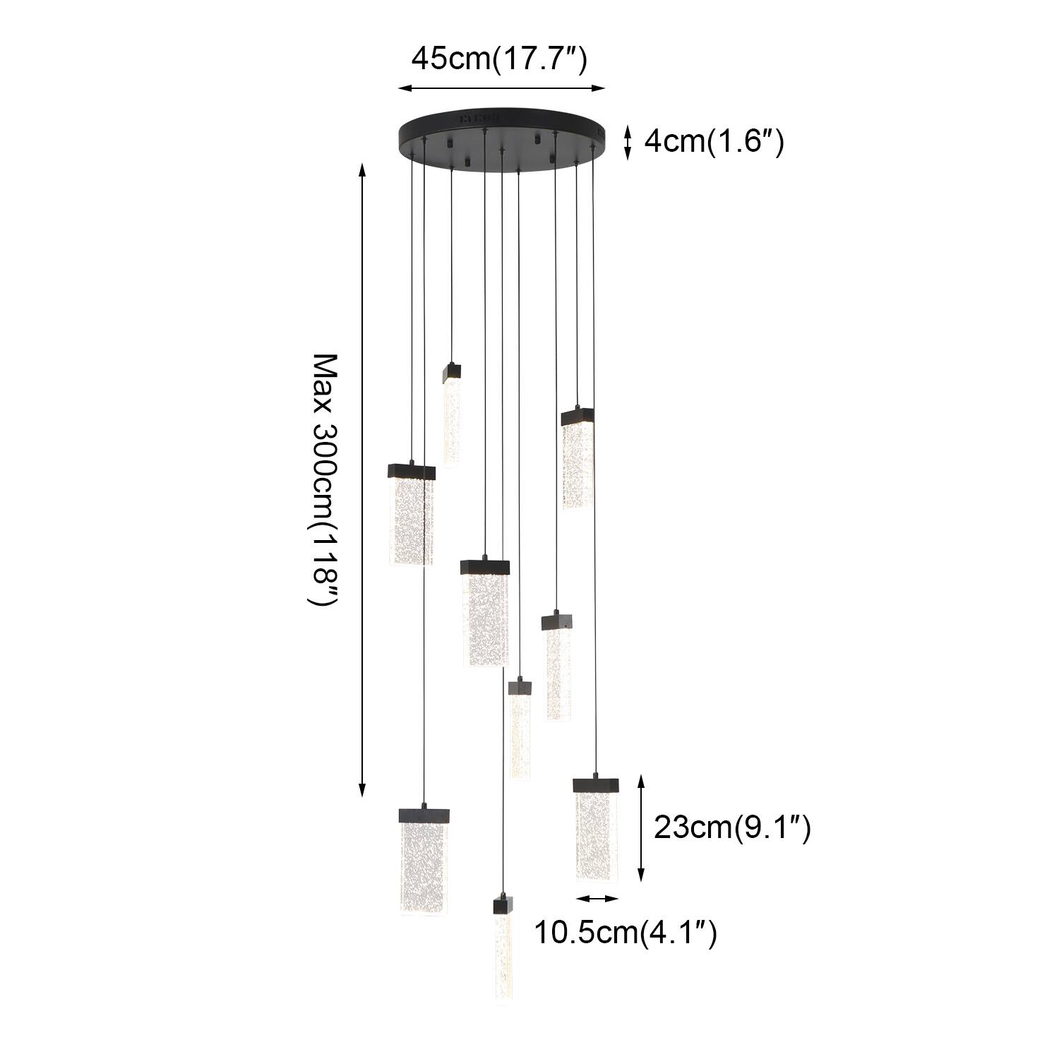 45cm (17.7")  
4cm (1.6")  
Max 300cm (118")  
23cm (9.1")  
10.5cm (4.1")