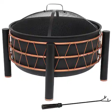 Front. Sunnydaze - 24.5-Inch Wood-Burning Fire Pit with Trapezoid Pattern - Black.