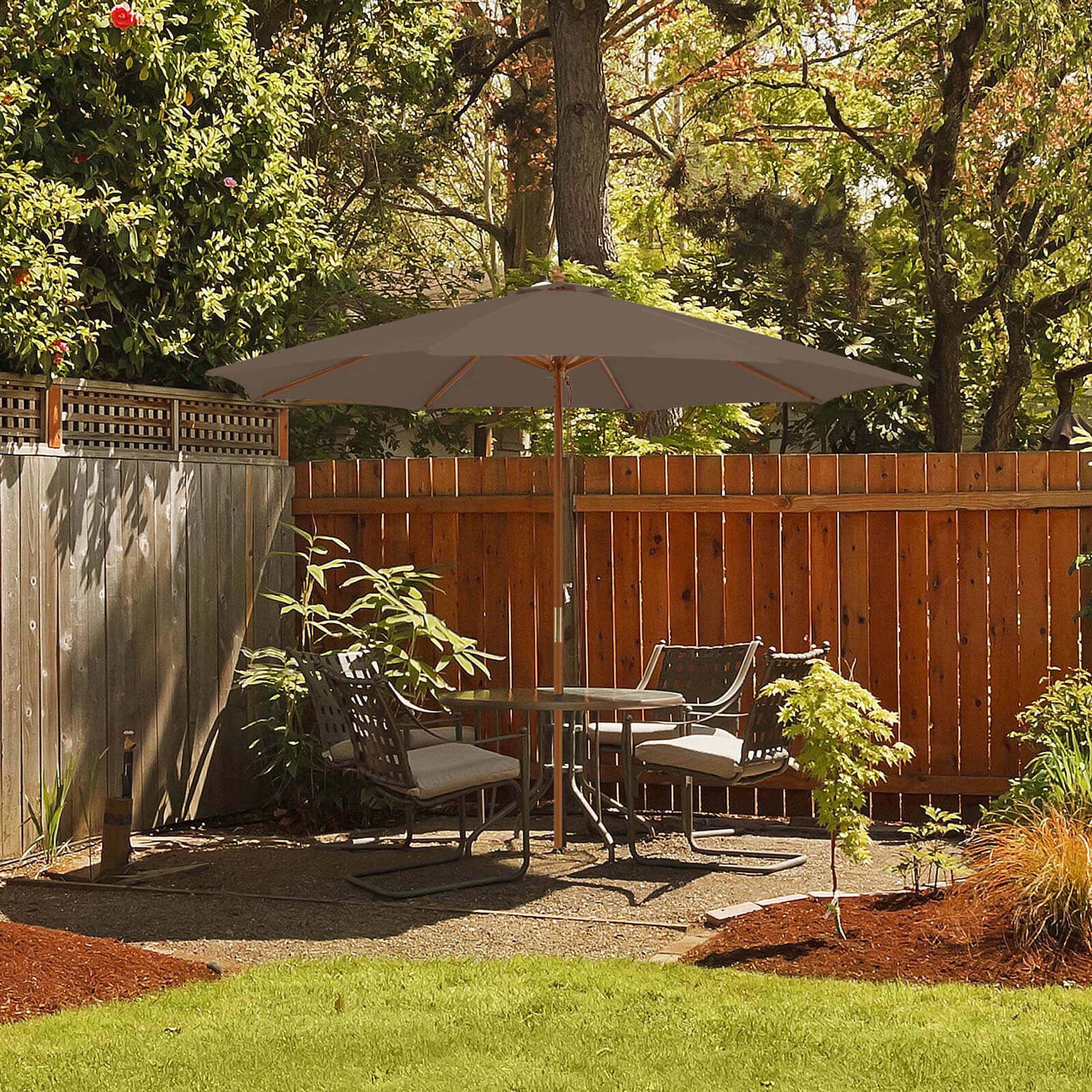 Alt View 2. Costway - 10FT Patio Wooden Market Table Umbrella Pulley with 8 Bamboo Ribs Sunshade Canopy - Coffee.