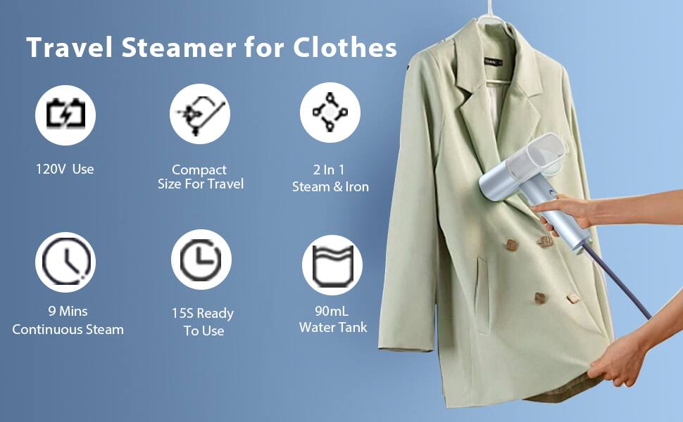 Travel Steamer for Clothes

- 120V Use
- Compact Size For Travel
- 2 In 1 Steam & Iron
- 9 Mins Continuous Steam
- 15S Ready To Use
- 90mL Water Tank