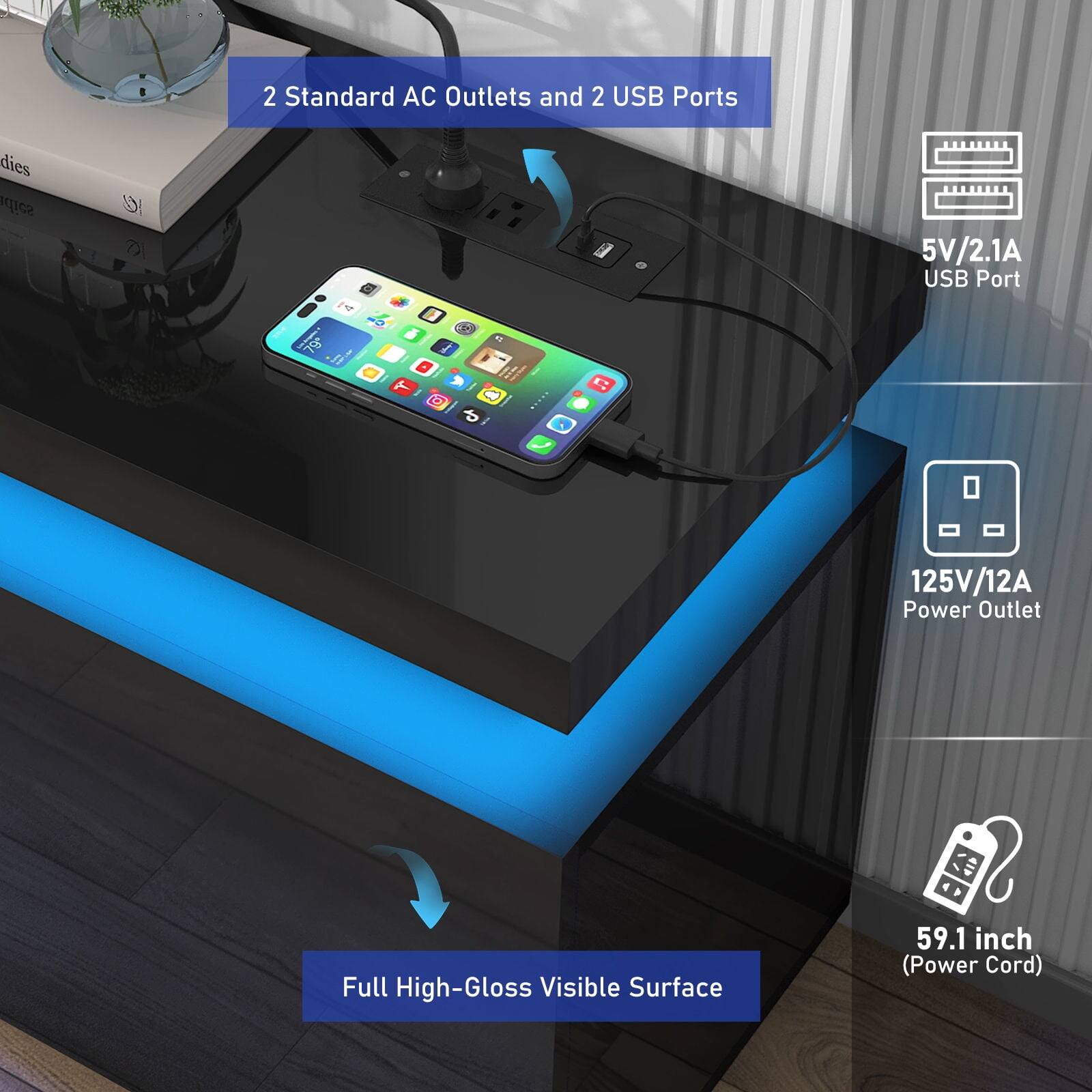 2 Standard AC Outlets and 2 USB Ports

5V/2.1A USB Port

125V/12A Power Outlet

Full High-Gloss Visible Surface

59.1 inch (Power Cord)