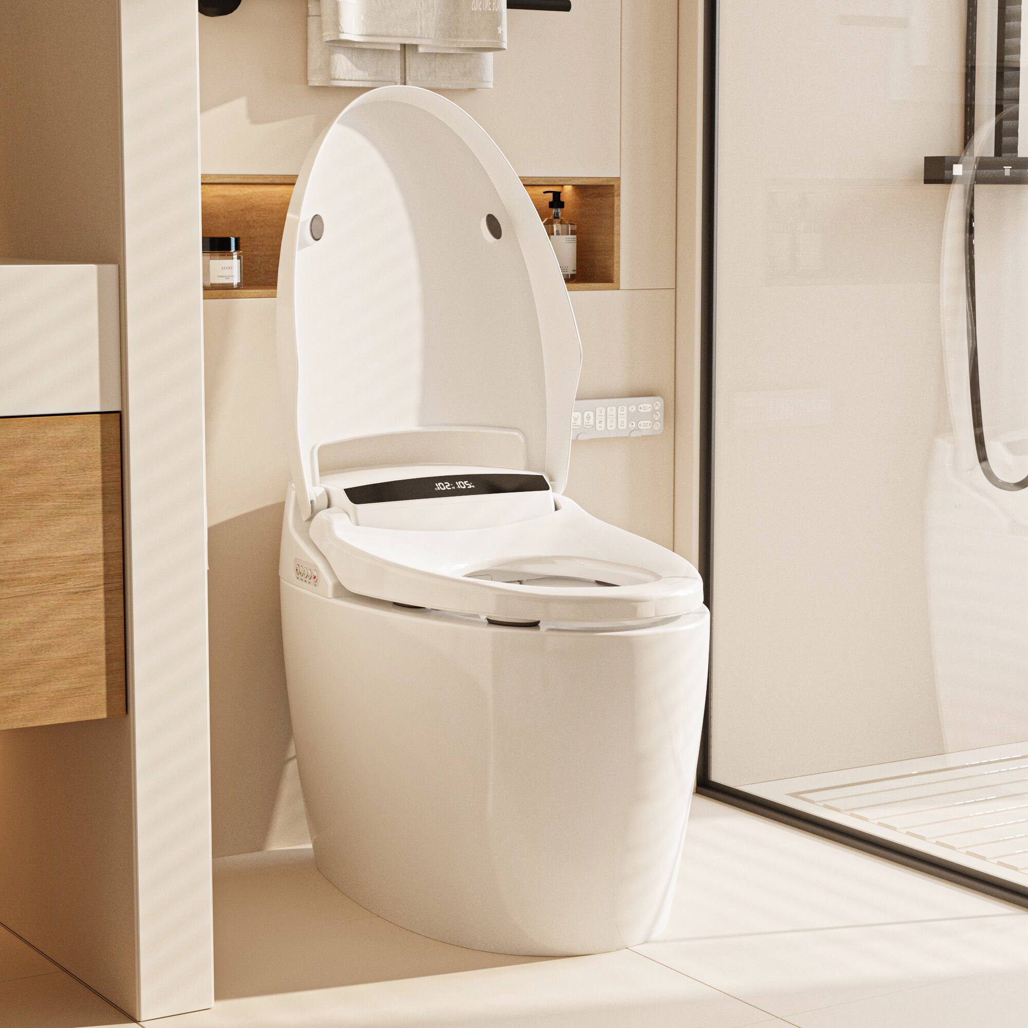 Angle. Famapy - Smart Bidet Toilet with Auto Open Lid, Heated Seat, Warm Air Dryer, Touchless Flush and Safety Protection - White.