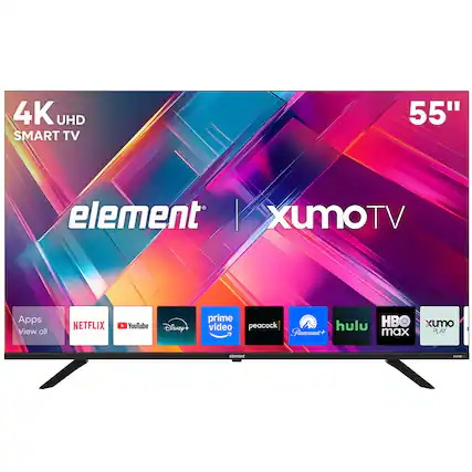 4K UHD SMART TV 55"
element Xumo TV
Apps:
- Netflix
- YouTube
- Disney+
- Prime Video
- Peacock
- Paramount+
- Hulu
- HBO Max
- Xumo Play