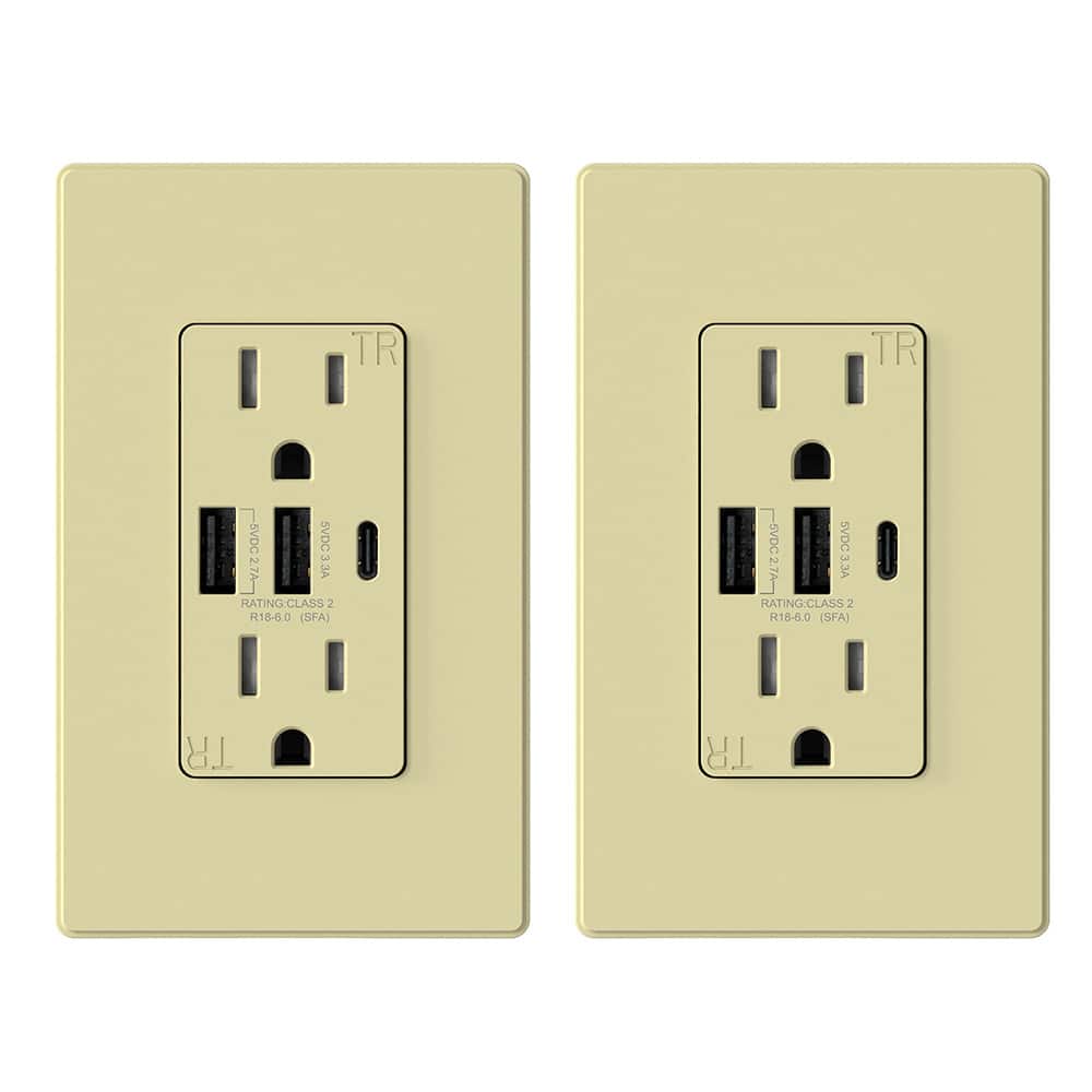 ELEGRP - 30W 15 Amp 3-Port Type C and Dual Type A USB Duplex USB Wall Outlet, Wall Plate Included, Ivory (2-Pack) - White