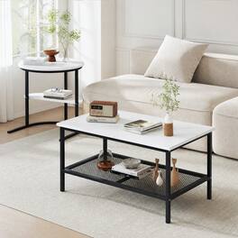WELLFOR - Coffee Table Set of 2, Rectangle Coffee Table and Side End Table with Storage Shelves, Nesting Center Table - White