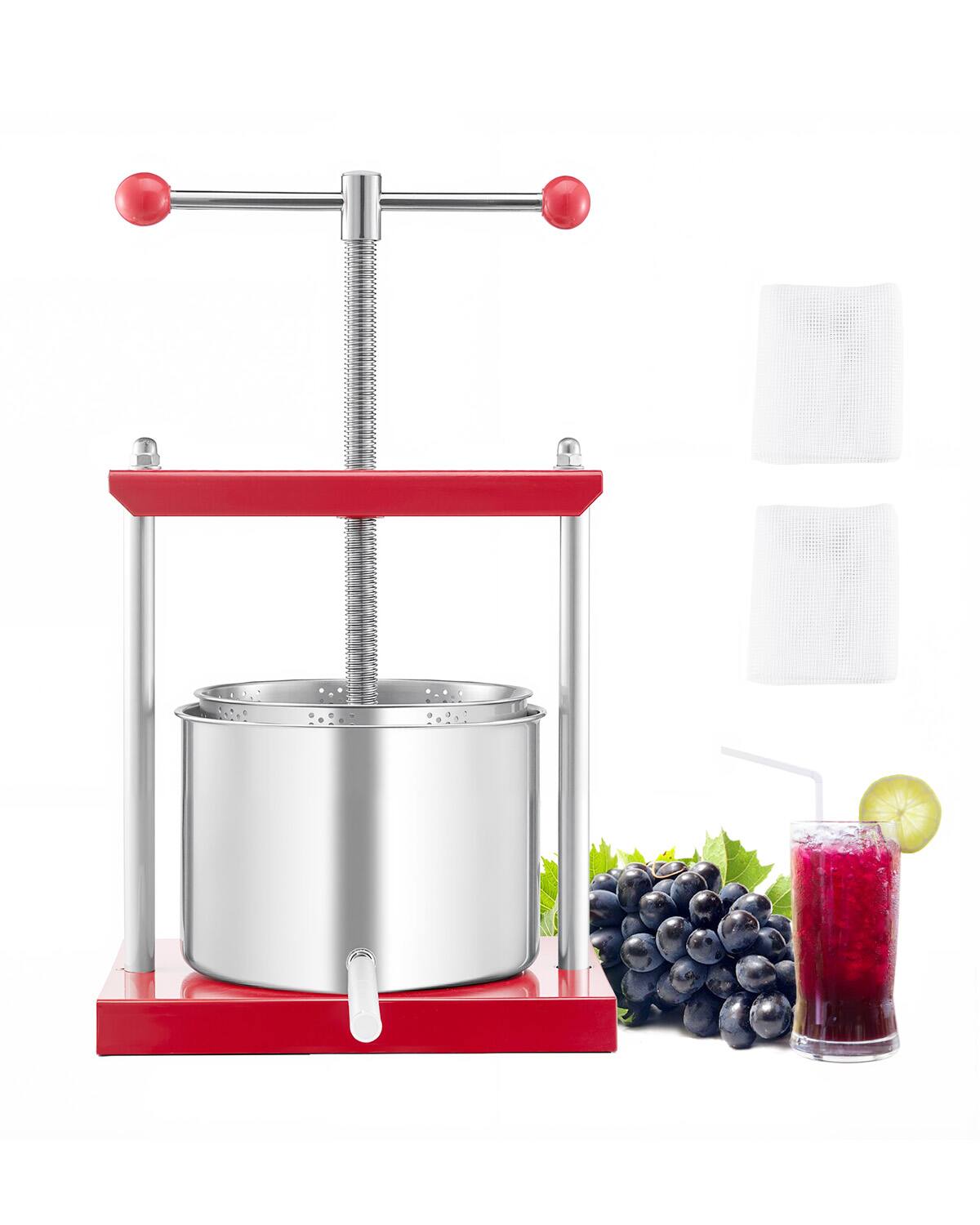 Front. VEVOR - 1.6 Gal/6L Fruit Wine Press, 2 Stainless Steel Barrels, Manual Juice Maker, Cider Apple Grape Tincture Honey Olive Oil - Red.