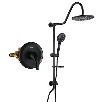 Front. Boyel Living - 3-Spray Patterns with 1.8 GPM 10 in. Wall Mount Dual Shower Heads with Soap Dish and Rough-in Valve in Matte Black - Matte Black.