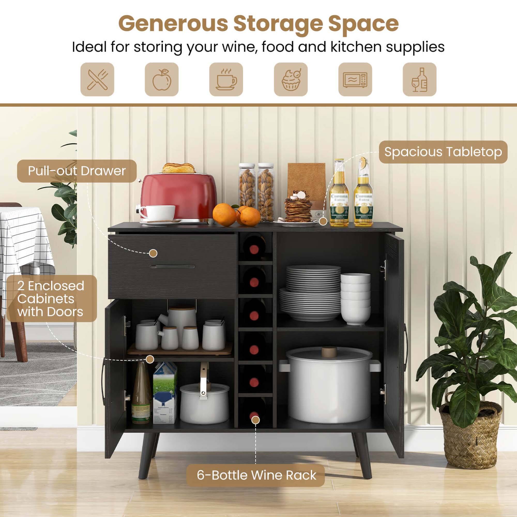 Generous Storage Space: Ideal for storing your wine, food, and kitchen supplies. Pull-out Drawer: Spacious Tabletop. 2 Enclosed Cabinets with Doors: 6-Bottle Wine Rack.