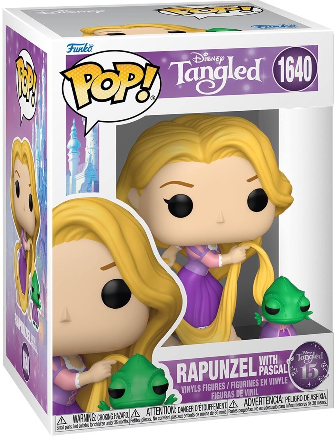 Sure, here is the corrected and grouped text from the image:

---

**Funko POP!**

**Disney Tangled**

**1640**

**Rapunzel with Pascal**

**15 Vinyl Figures / Figurines en Vinyle / Figuras de Vinil**

**WARNING: CHOKING HAZARD. Small parts. Not suitable for children under 36 months.**

**ATTENTION: DANGER D'ÉTOUFFEMENT. Petites pièces. Ne convient pas aux enfants de moins de 36 mois.**

**ADVERTENCIA: PELIGRO DE ASFIXIA. No es adecuado para niños menores de 36 meses.**

---

This text is from the packaging of a Funko POP! figure set featuring Rapunzel and Pascal from Disney's Tangled.