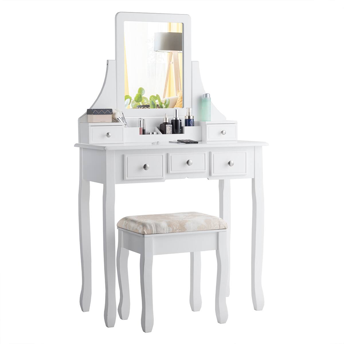 Alt View 8. Gymax - Gymax Vanity Set Makeup Dressing Table & Stool w/5 Drawers White - White.
