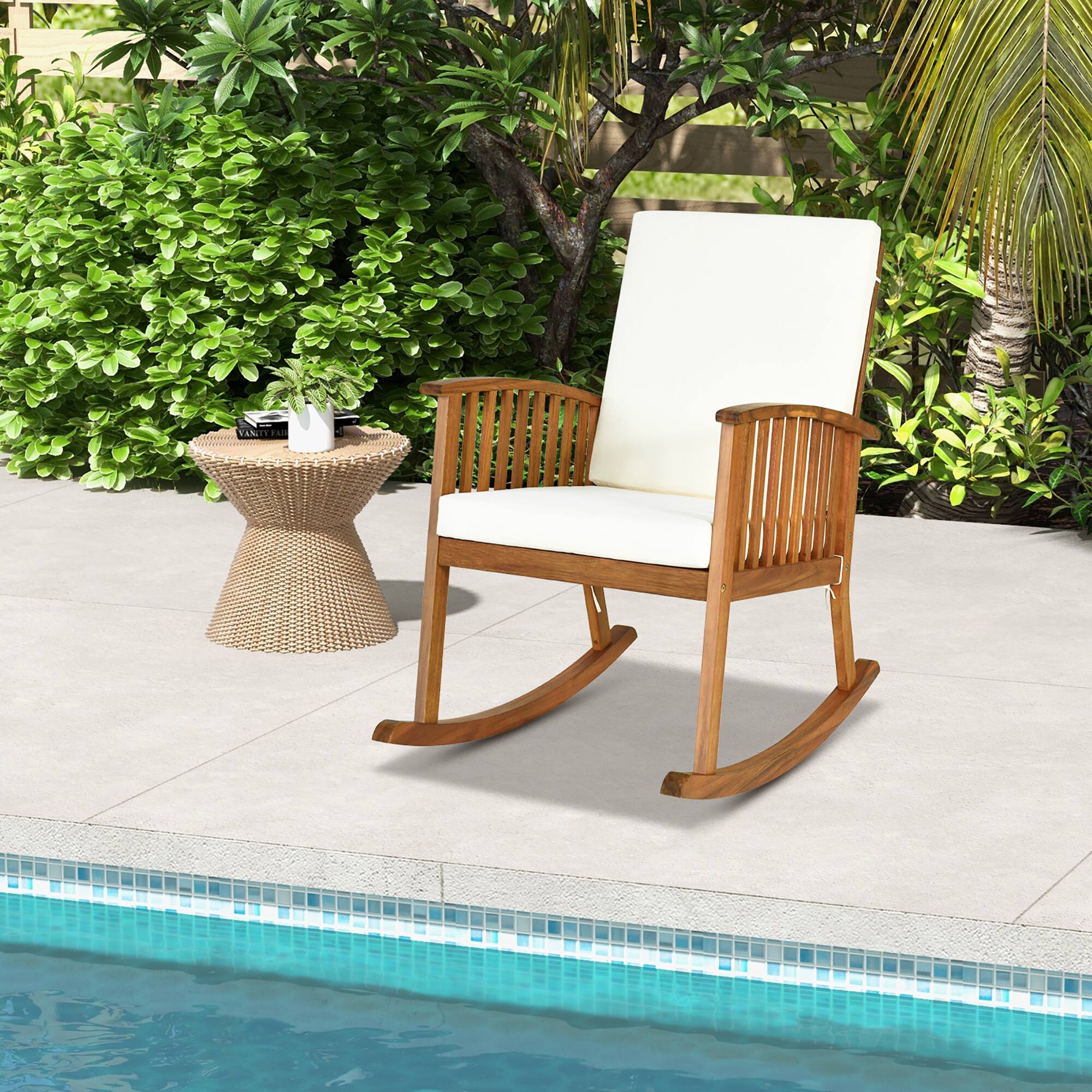 Alt View 3. Gymax - Gymax 2PCS Patio Wooden Rocking Chair Lawn Garden Outdoor w/ Armrest Cushion - Teak.