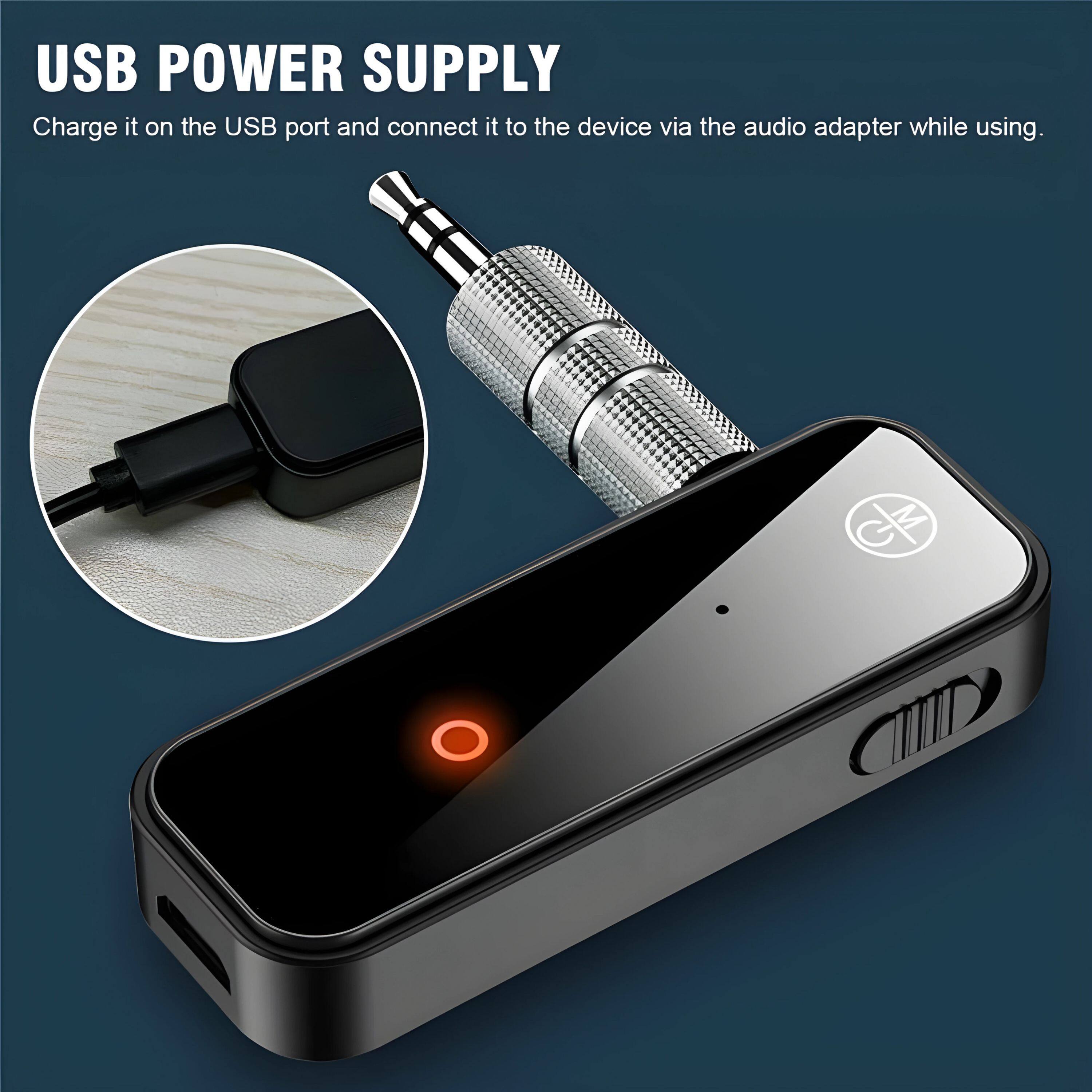 USB POWER SUPPLY  
Charge it on the USB port and connect it to the device via the audio adapter while using.