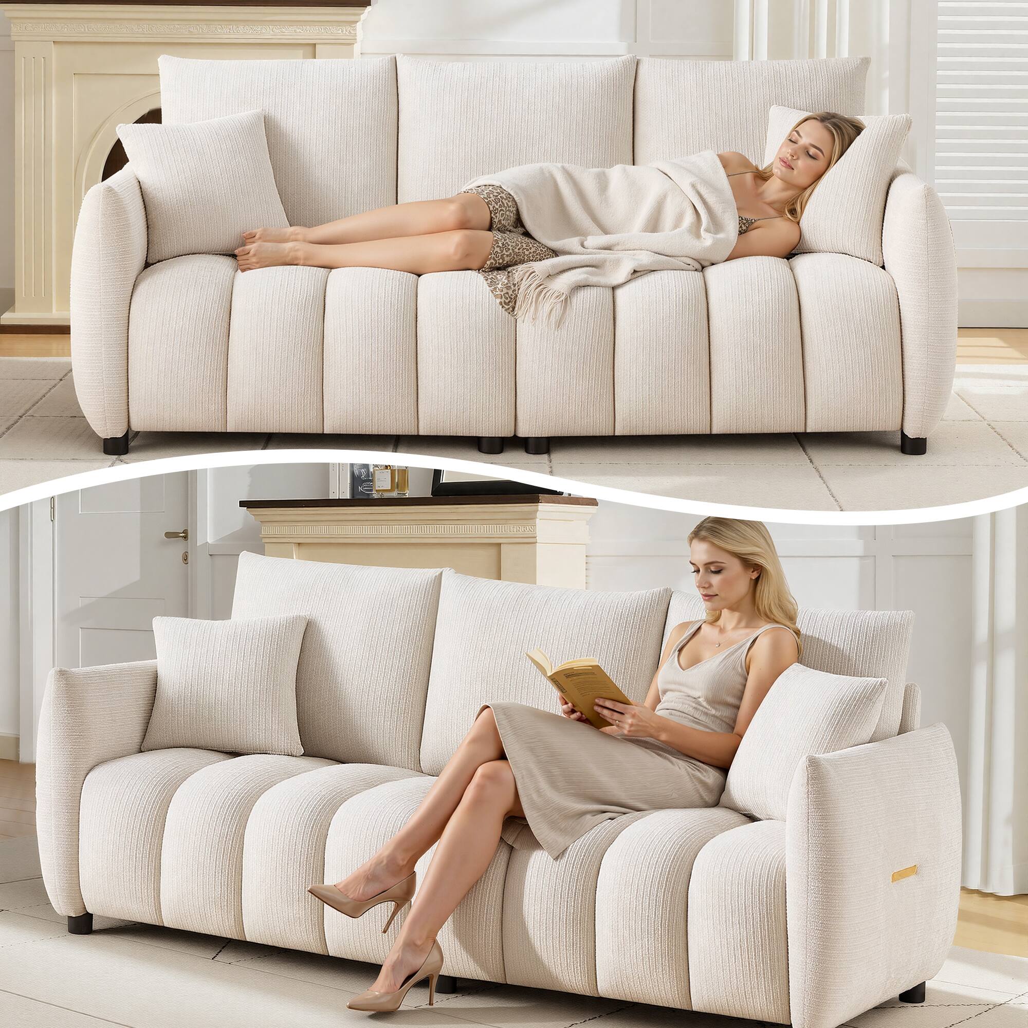Alt View 5. Meqiodas - Modern Boucle Sofa Couch, Comfy 3 Seater Cloud Sofa with Soft Pillows, Curved Sofas Deep Seat, for Living Room, Bedroom - Beige.