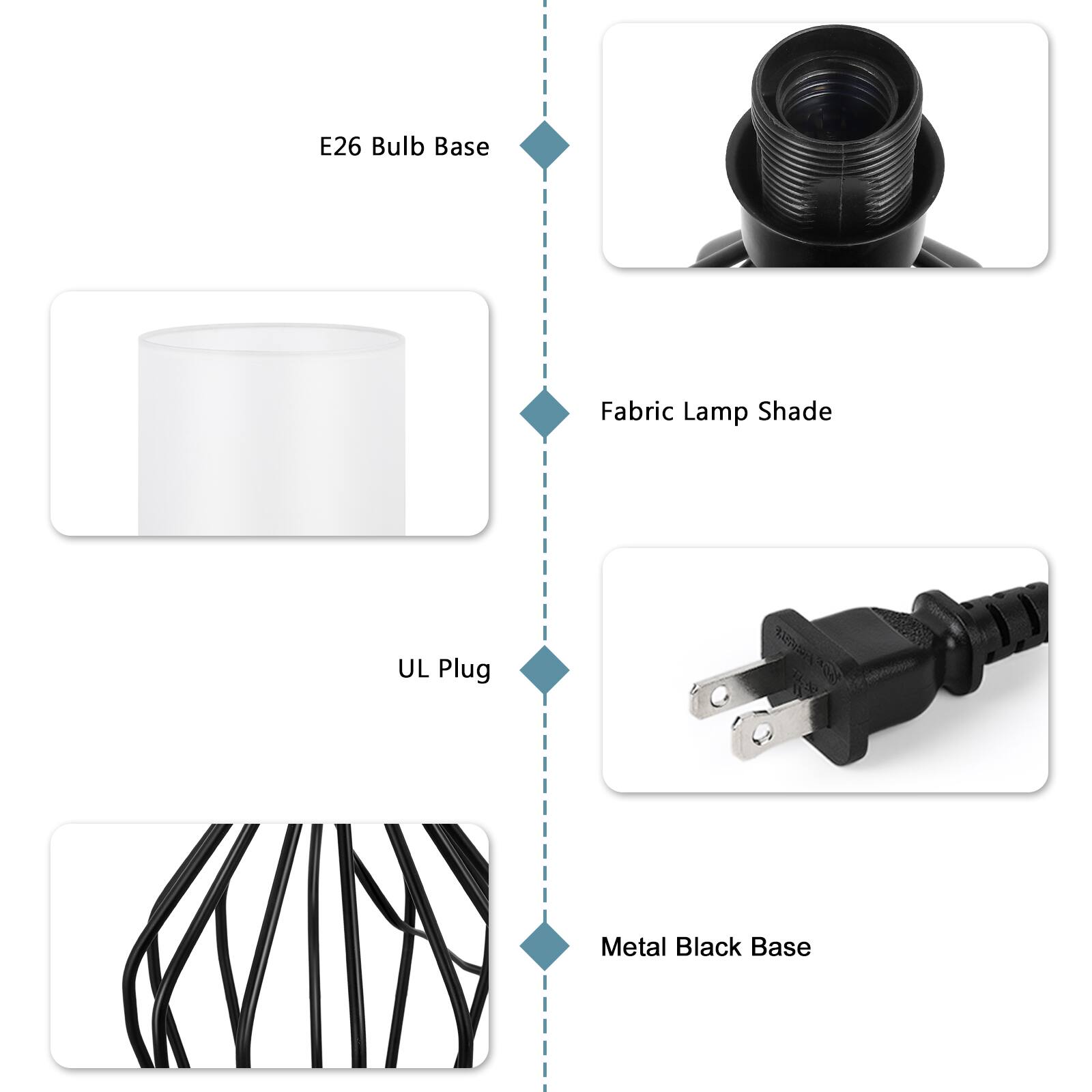 E26 Bulb Base  
Fabric Lamp Shade  
UL Plug  
Metal Black Base