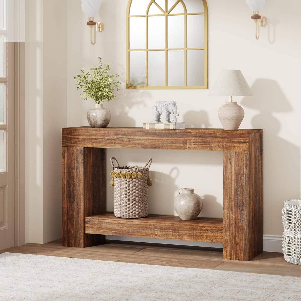 Babevy - 47.24" Console Table, 2-Tier Farmhouse Narrow Entryway Table , Sofa Table - Brown