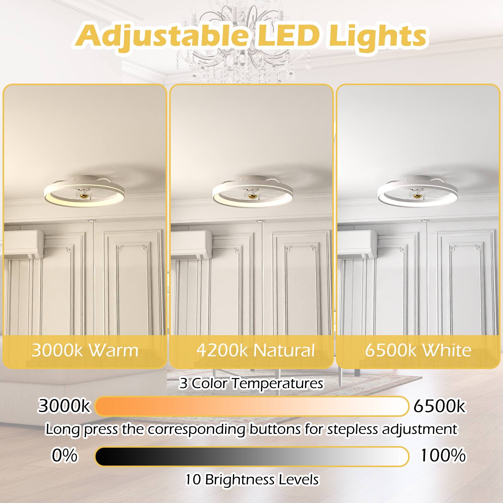 Adjustable LED Lights

3000k Warm  
4200k Natural  
6500k White  

3 Color Temperatures  

Long press the corresponding buttons for stepless adjustment  

0% - 100%  
10 Brightness Levels