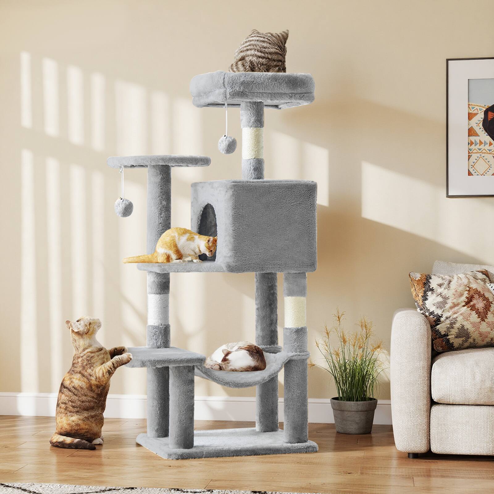 Front. Bestier - 44 inch Cat Tree Tower, Multi-Cat Climbing Tower with, Natural Sisal Scratching Posts, Extended Platform, Hammock - Light Grey.