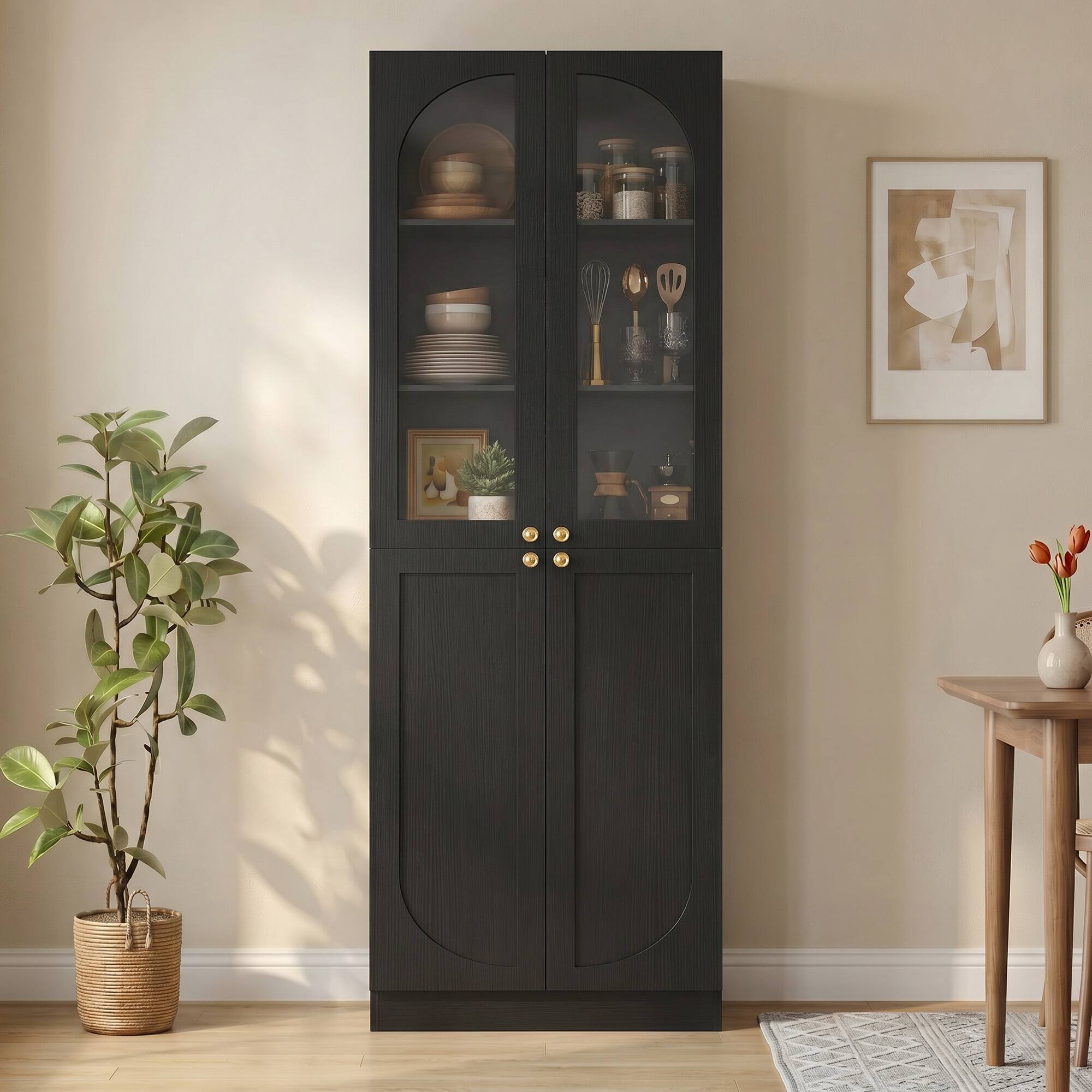 Alt View 2. Aheaplus - 80'' Tall Bathroom Storage Cabinet, 6-Tier Linen Cabinet with Glass Doors and Adjustable Shelves - Black.