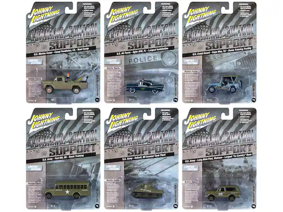 Sure, here is the corrected and grouped text from the image:
---
**JOHNNY LIGHTNING**
**COMMAND/CONTROL AND SUPPORT**
**U.S. Marine Corps - Camp Pendleton, CA - Boot Camp**
- **LIMITED EDITION**
- **Battle Facts**
- 1:64 scale
- 1957 Willys M38A1
- 6+* features
- Accurate color & markings
- Rubber tires
- Metal body & chassis
- Detailed interior
- Version 1
- Release 1
**U.S. Air Force - Eglin AFB, FL - Largest Installation**
- **LIMITED EDITION**
- **Battle Facts**
- 1:64 scale
- 1957 Chevy MS 1858
- 6+* features
- Accurate color & markings
- Rubber tires
- Metal body & chassis
- Detailed interior
- Version 1
- Release 2
**U.S. Coast Guard - Cape May, NJ - Home Training Facility**
- **LIMITED EDITION**
- **Battle Facts**
- 1