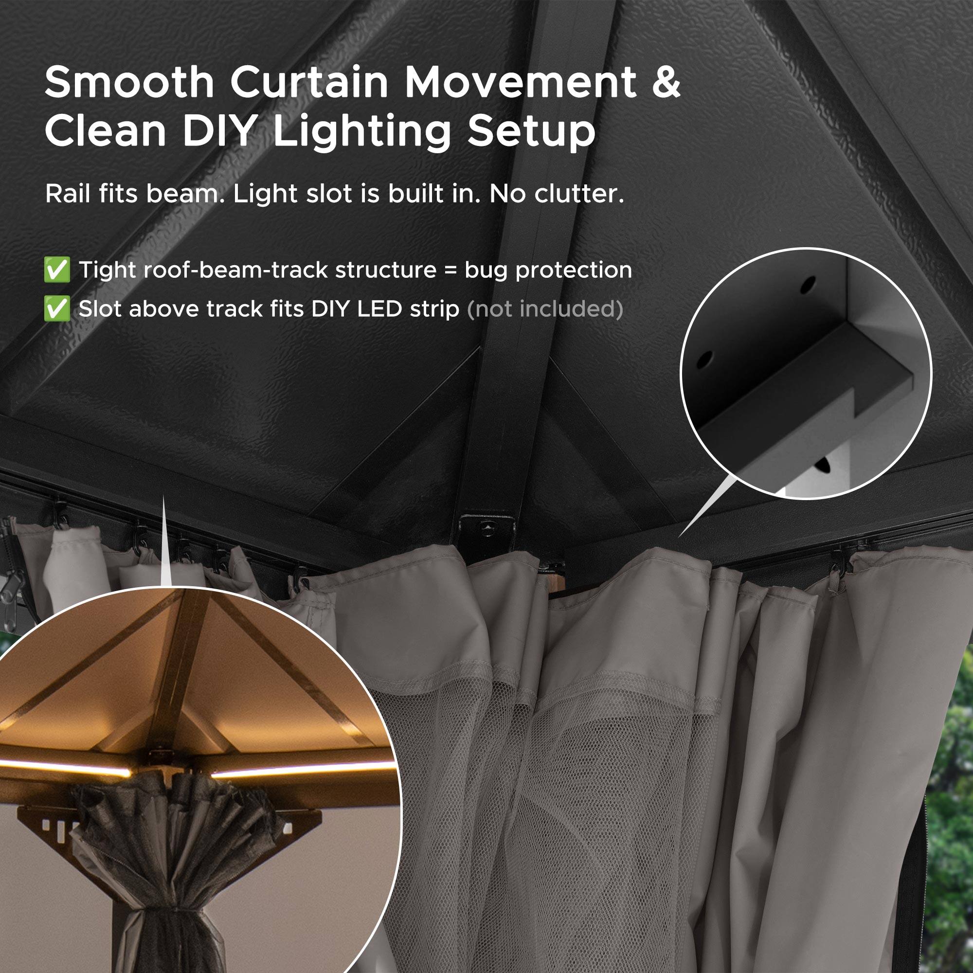 Smooth Curtain Movement & Clean DIY Lighting Setup  
Rail fits beam. Light slot is built in. No clutter.  
✓ Tight roof-beam-track structure = bug protection  
✓ Slot above track fits DIY LED strip (not included)