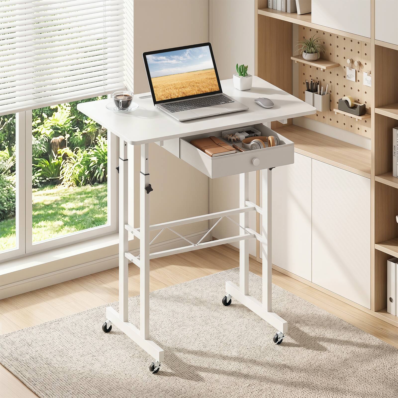 Alt View 1. Costway - Costway Standing Desk, Height Adjustable Laptop Desk with Fabric Drawer, Tablet Holder - White.