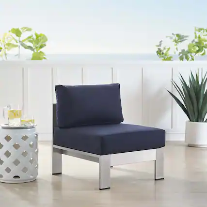 Front. Modway - Shore Sunbrella® Fabric Aluminum Outdoor Patio Armless Chair by Modway - Silver Navy.
