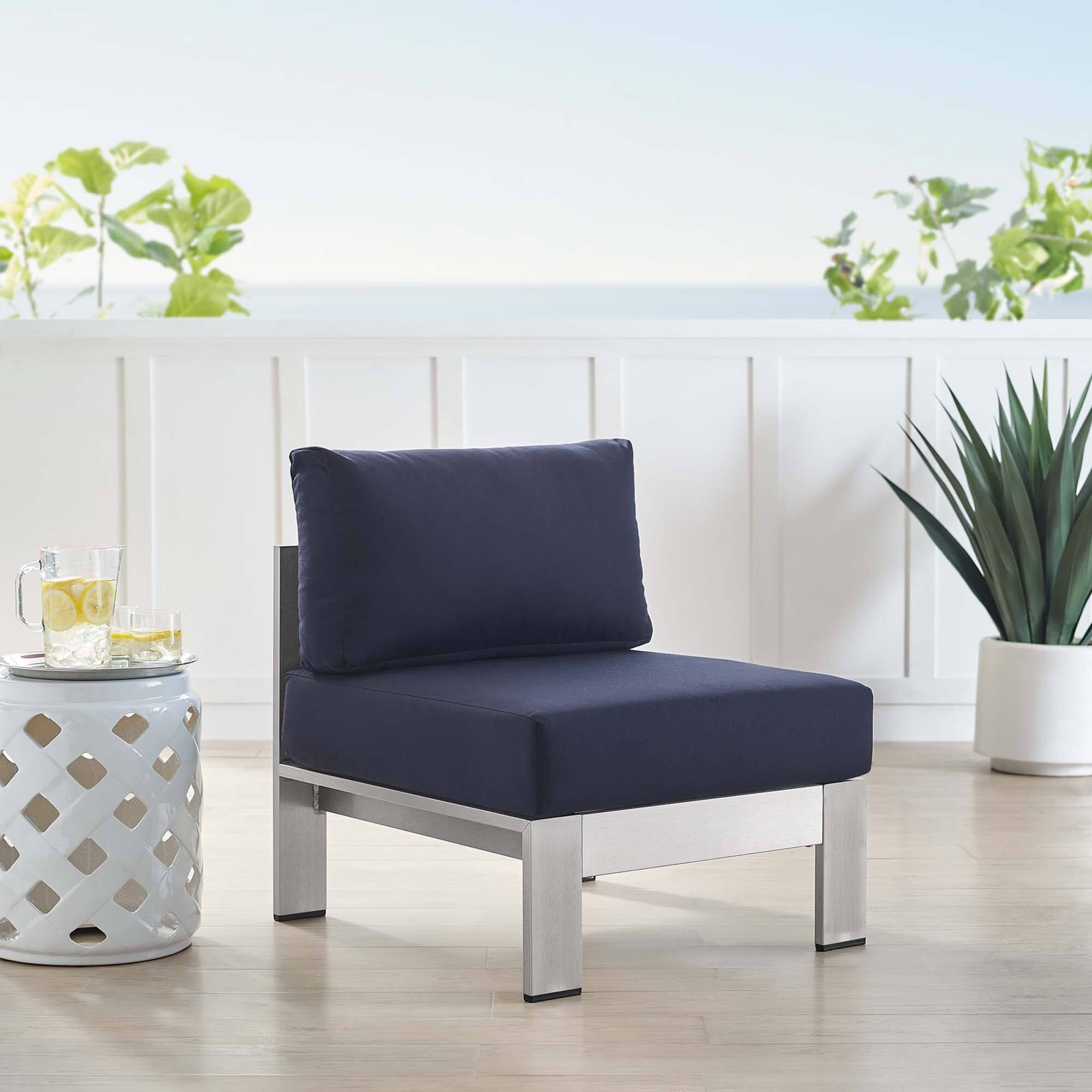 Front. Modway - Shore Sunbrella® Fabric Aluminum Outdoor Patio Armless Chair by Modway - Silver Navy.
